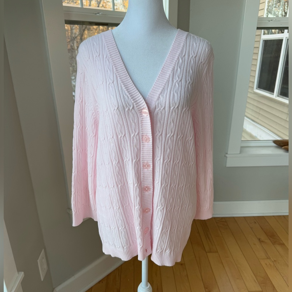 Croft & Barrow Blush Pink Cable Knit Cotton V-Neck Cardigan Sweater Size Large